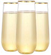 N9R 12PCS Plastic Champagne Flutes, 9 oz Stemless Disposable Gold Rim Toasting Glasses, Crystal C...
