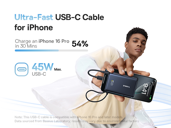 Baseus 45W Power Bank, 10,000mAh Portable Charger with Built-In USB-C Cable