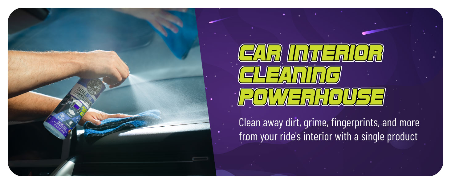 Interior cleaner and protectant restoring shine on dashboards, seats, carpets, and glass surfaces