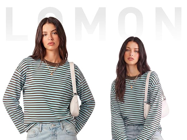 Striped Long Sleeve Shirt Women Oversized Crewneck Fall Y2k Tops 2026