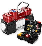 MESHUBA Dual Cylinder Tire Inflator Air Compressor with Tire Repair Kit and Toolbox Portable Air ...