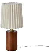 KUNJOULAM Mini Pleated Table Lamp, Modern Bedside Nightstand Lamp with Linen Lampshade, Brown Woo...