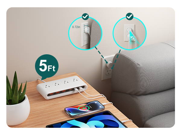 45° angled design flat plug power strip