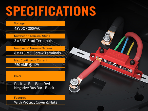 Bus Bar 12V 250A Power Distribution Block with 3 8 Stud Marine Bus Bar Terminal Block