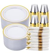 realluck 350 PCS White and Gold Plastic Dinnerware Set for 50 Guests, 100 Disposable Plates for P...