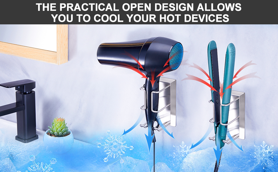 Wall-mounted holders for hair dryer and straightener. Blue cooling effect illustrated. Text mentions practical open design for cooling hot devices.