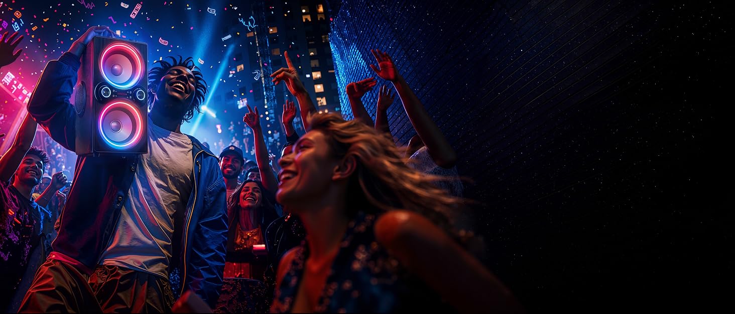 Man holds a neon speaker on his shoulder, dancing with a cheering crowd under festival lights.
