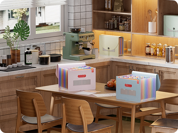 Modern kitchen interior with wooden furniture, showing organized storage containers on dining table. Warm lighting highlights minimalist design.