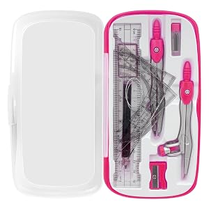 Geometry set in a clear case with pink accents. Includes rulers, protractors, compasses, and a pencil sharpener for precise mathematical drawing.
