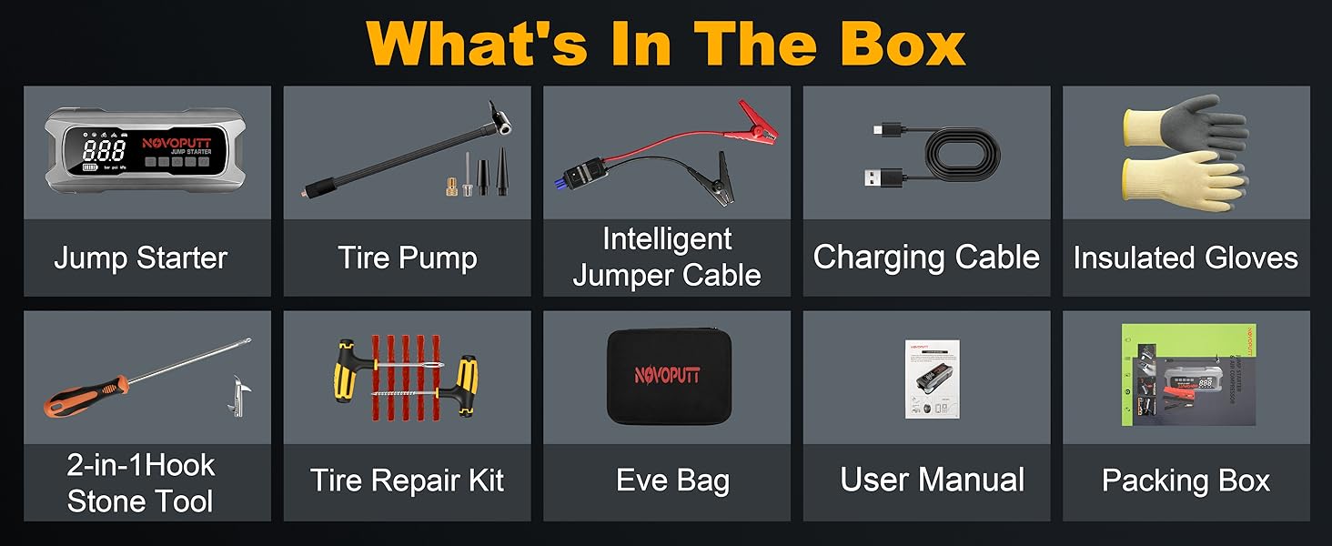quick start car battery jumper, includes tire repair tools, 2-in-1 stone hooks, Air Tube, jump box