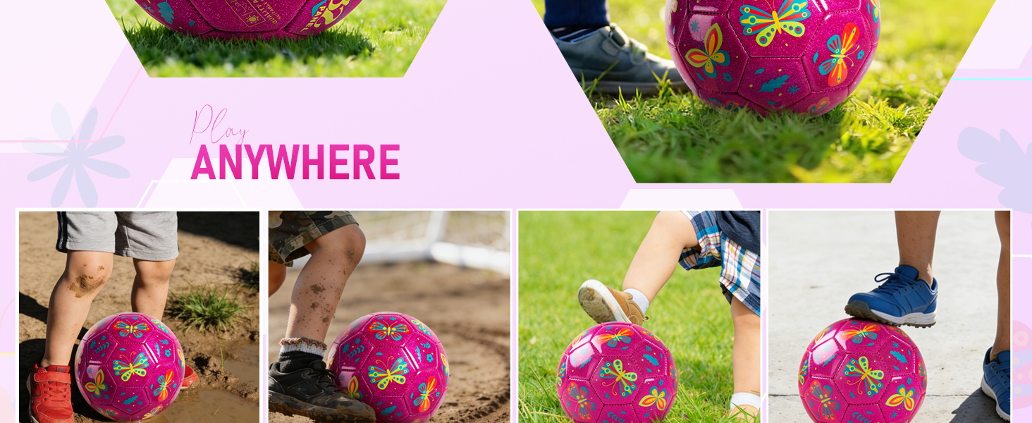 Boys girls kicks purple unicorn ball soccer yard outdoor