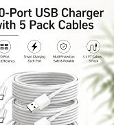10-Port USB charger with 5-pack cables smart charging multi-protection