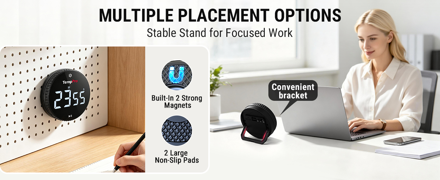 timer with strong magnets and stable bracket, multiple placement options