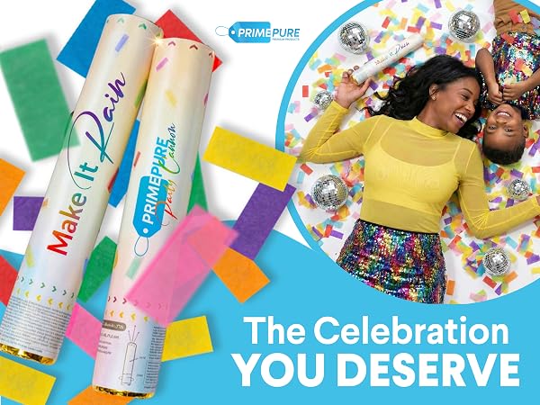 Happy woman and child celebrating with colorful confetti cannons, covered in streamers
