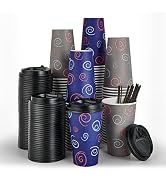 TV TOPVALUE [100 Pack 16 oz Paper Coffee Cups, Disposable Coffee Cups with Lids, and Stirrers, Dr...