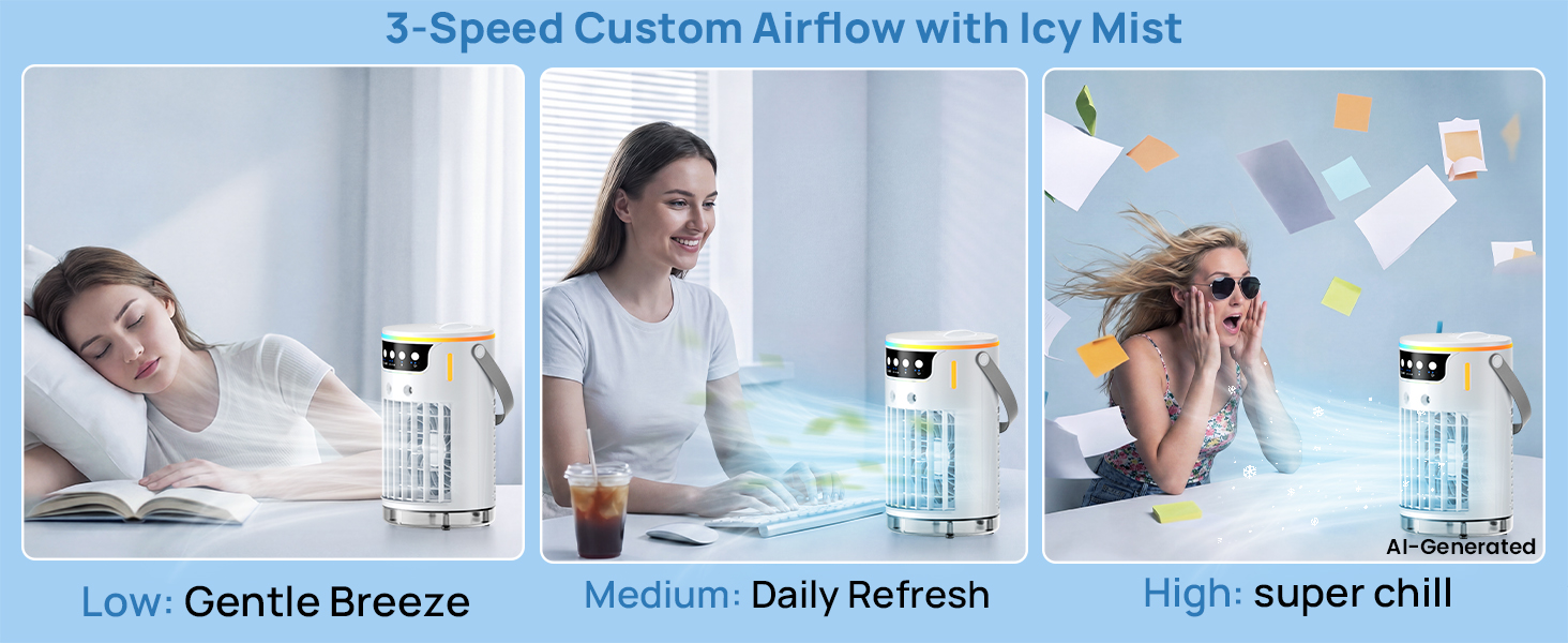 mini ac portable with 3 adjustable speeds: gentle breeze, daily refresh, and strong airflow