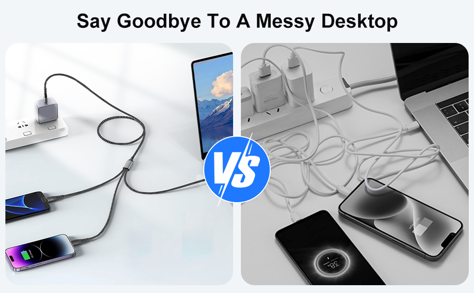 Text reads 'Say Goodbye To A Messy Desktop'. Multiple electronic devices and cables shown on desk surface with HP logo visible.