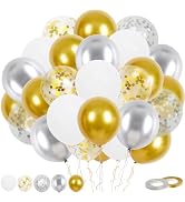 White and Gold Balloons, 60Pcs 12Inch White Latex Balloons Metallic Gold Silver Confetti Balloons...