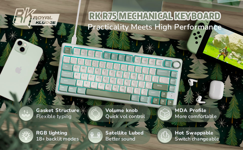 RK ROYAL KLUDGE R75 75% Layout Mechanical Keyboard with Volumn Knob