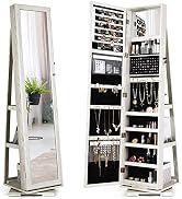 CHARMAID 360° Rotating Jewelry Armoire with Higher Full Length Mirror, Standing Lockable Jewelry ...