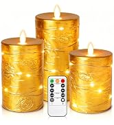 Da by 3 Pack Gold Wax Flameless Taper Candles, Realistic Flickering LED Candles with Surrounding ...
