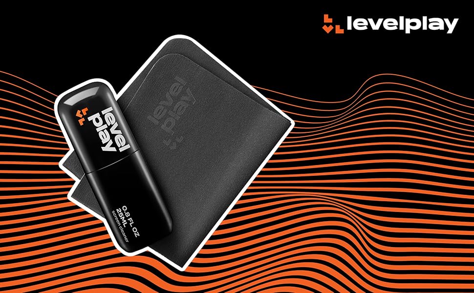Levelplay fitness device with black rectangular screen and matching black cloth or strap, displayed on orange wave pattern background.