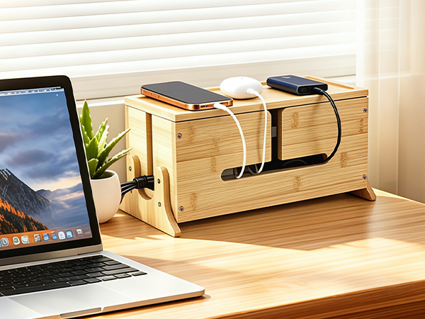 cable management box, wooden box, wood box, cord hider box, cable management