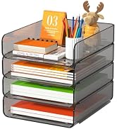 FANXIYQ 4-Tier Acrylic Paper Tray Organizer, Brown Office Paper Organizer | Stackable, Tool-Free ...