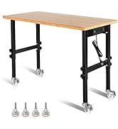 Goplus Work Bench, 48” Mobile Work Table with Power Outlet, Removable Wheels & Foot Pads, Bamboo ...