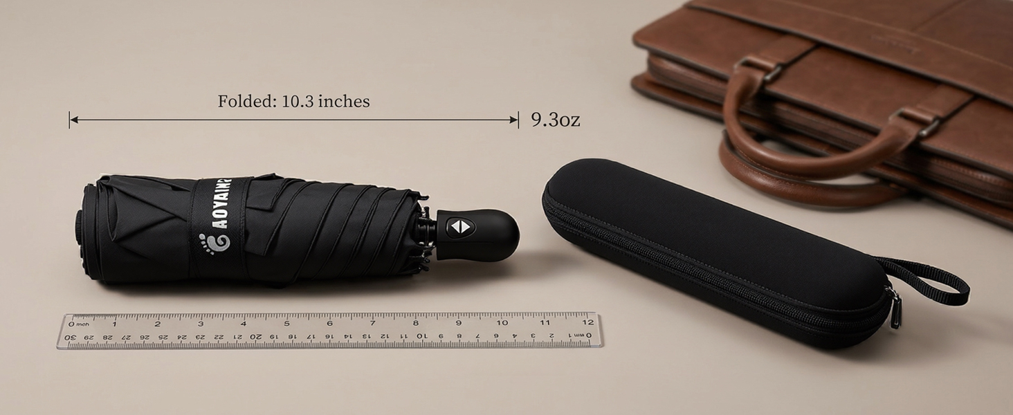 10.3-inch folded umbrella, 9.3oz weight with ruler and leather briefcase size comparison