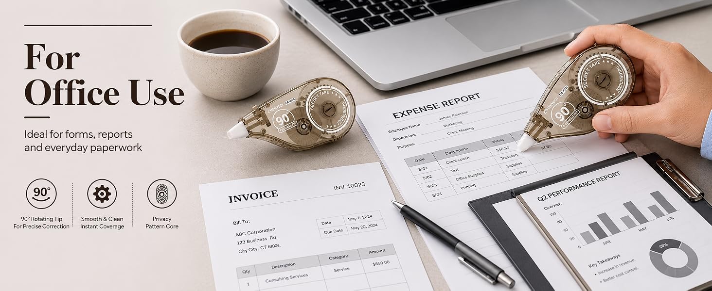Office user applies dry correction tape on forms, reports, and invoices for smooth clean coverage.