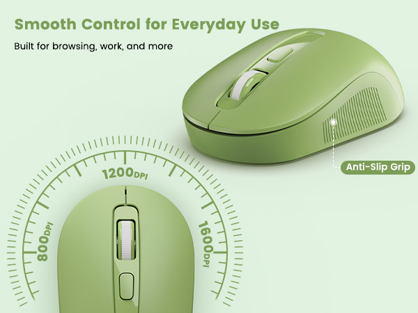 Green wireless mouse with adjustable DPI and anti-slip grip for smooth control.