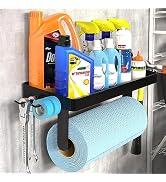 ZUNTO Garage Paper Towel Holder with Shelf, Black Stainless Steel Paper Towel Rack with Hooks, Wa...