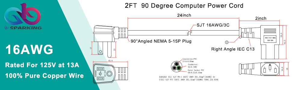 2FT Right Angle IEC Power Cord, Universal PC Power Supply Cord