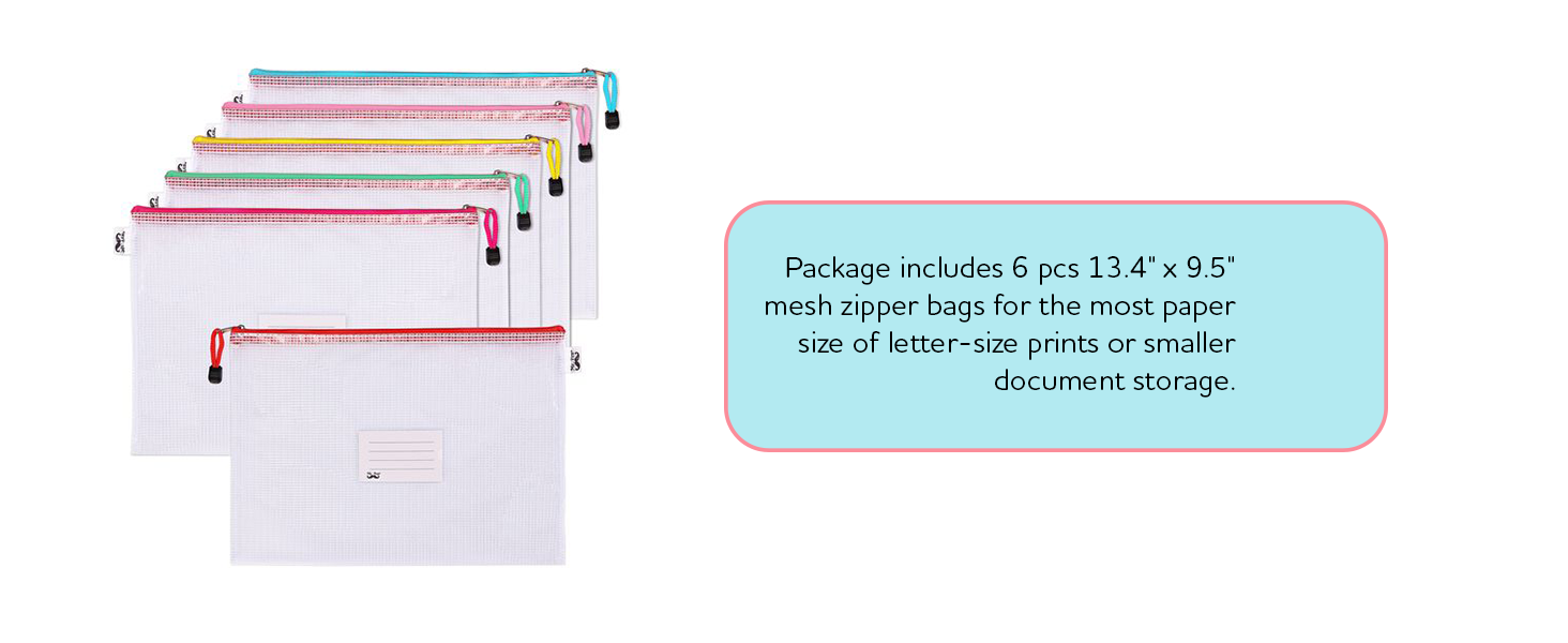 Mesh Zipper Pouch, A4, 6 Pack, Zipper Pouch with Label Pocket, Plastic Mesh Zipper