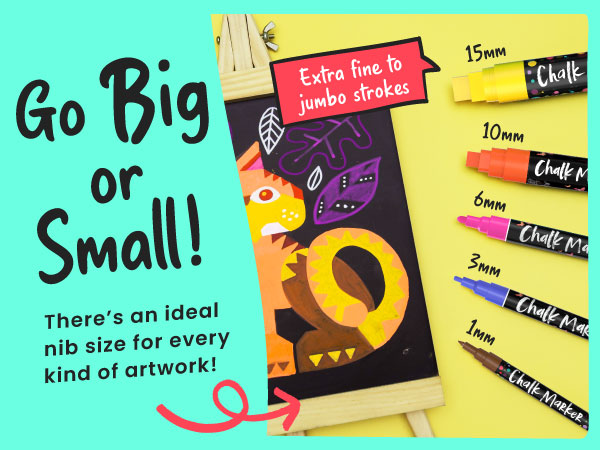 Chalkola chalk markers in different nib sizes from super fine to jumbo strokes