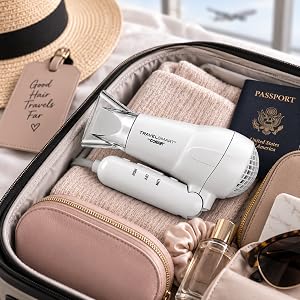 TravelSmart by Conair 1200W travel hair dryer folded inside suitcase with passport