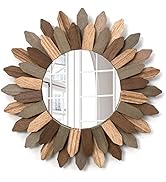 Emfogo Wall Mirror 12 inch Rustic Wood Sunburst Boho Mirror Farmhouse Wall Decor Room Decor Home ...