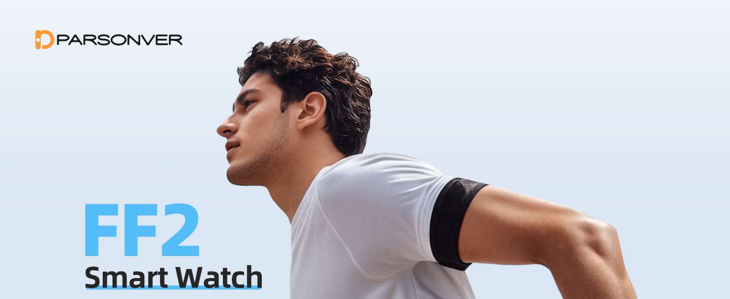 Side profile of a man running outdoors, wearing a smartwatch. Text in the image mentions 'FF2 Smart Watch'.