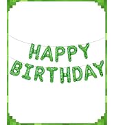 Calmi Green Pixel Miner Happy Birthday Banner Party Decorations with Pixel Balloons - Pixel Backd...