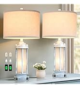 AIEAMPDO 25" Rustic Table Lamps Set of 2, Vintage Nightstand Lamps with 2 USB Ports, Farmhouse An...
