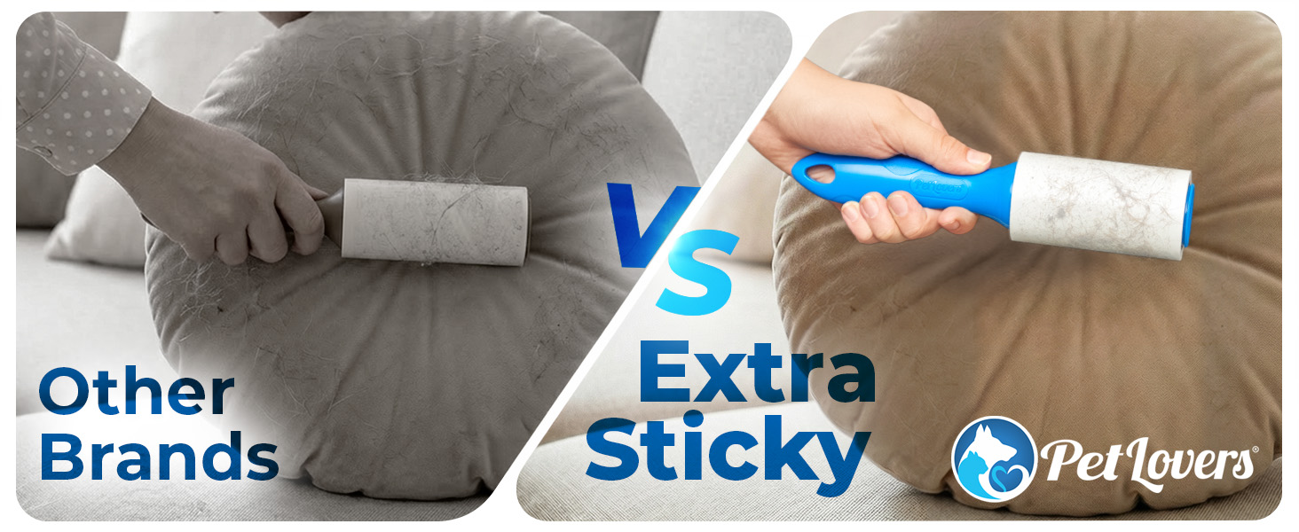 Pet hair removal comparison: Other Brands lint roller vs PetLovers Extra Sticky roller on cushion.