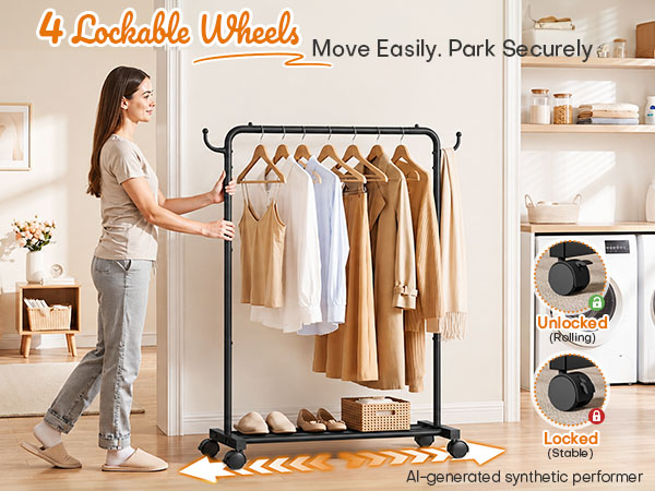 4 Wheels with Brakes, Move Easily. Park Securely