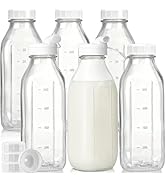 Liter Glass Milk Bottles w 100% Airtight Heavy Duty Screw Lid & 2 Dispenser- 6 Pack 32 Oz Drinkin...
