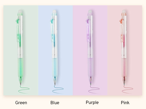Four translucent ballpoint pens in green, blue, purple, and pink. Each pen has a white body with a colored grip and matching ink, demonstrated by a curved line beneath.
