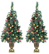 Juegoal 4 FT Christmas Trees in Gold Urn Base, Pre-Lit Artificial Spruce Entrance Tree with Batte...