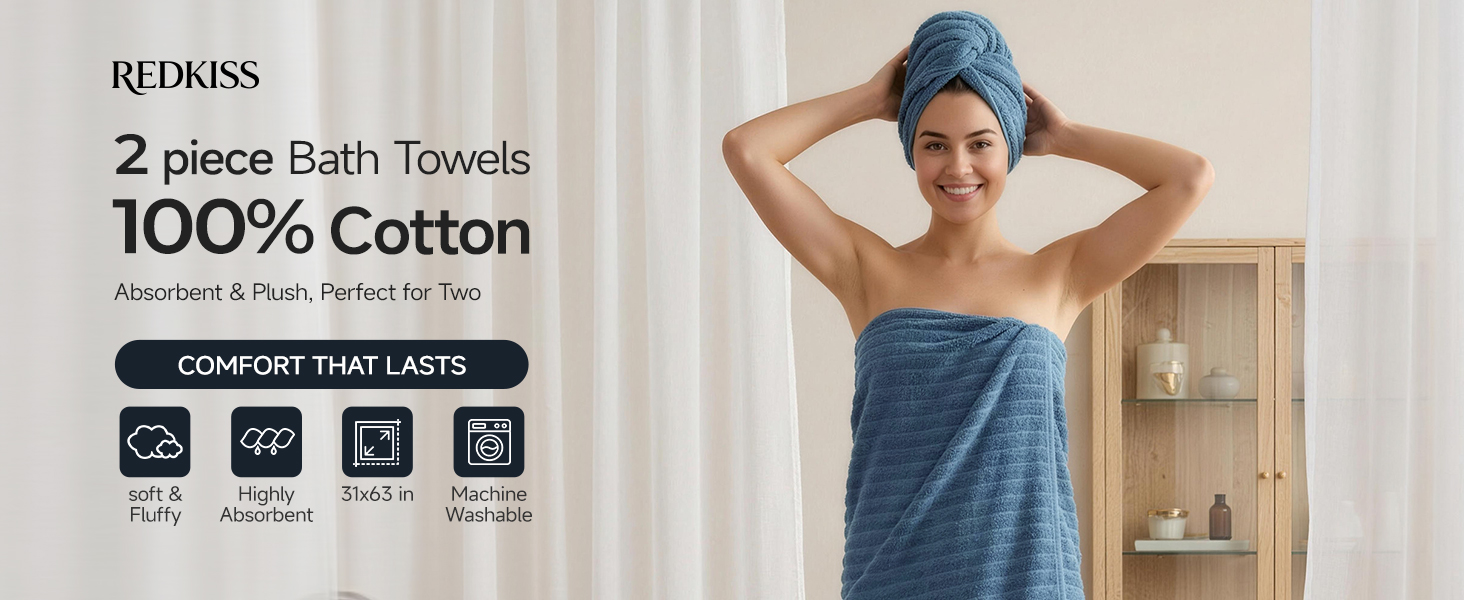 Large Blue Bath Towel Set of 2