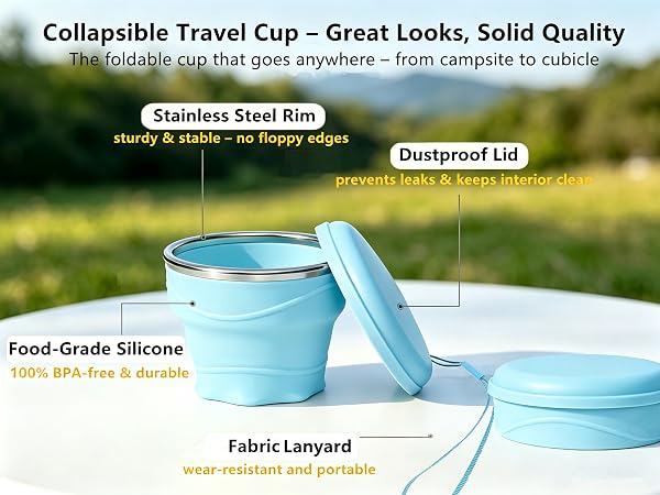 Collapsible Travel Cup, Folding Cup with Lid, BPA Free Silicone Collapsible Cup