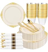 Nervure 175PCS Ivory Plastic Plates - Ivory Gold Plastic Dinnerware Sets for 25 Guests - 50 Gold ...