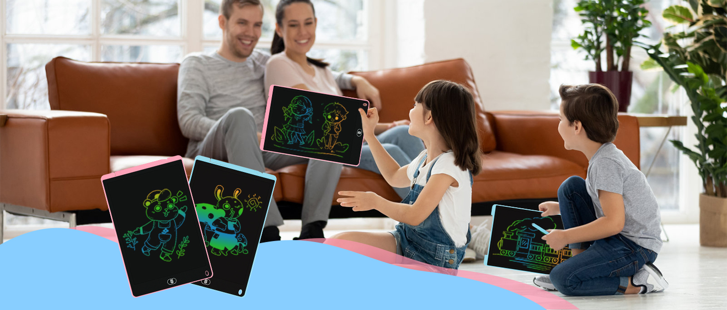 Tablet with colorful, abstract digital art display. Multiple people seated on a brown couch and floor, engaging with similar tablet devices showing vibrant imagery.